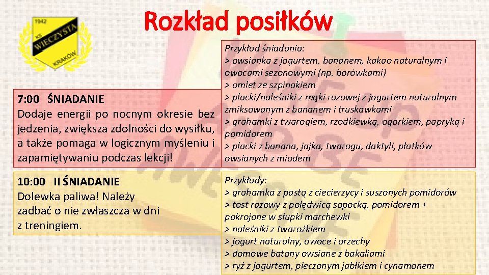 Rozkład posiłków 7: 00 ŚNIADANIE Dodaje energii po nocnym okresie bez jedzenia, zwiększa zdolności