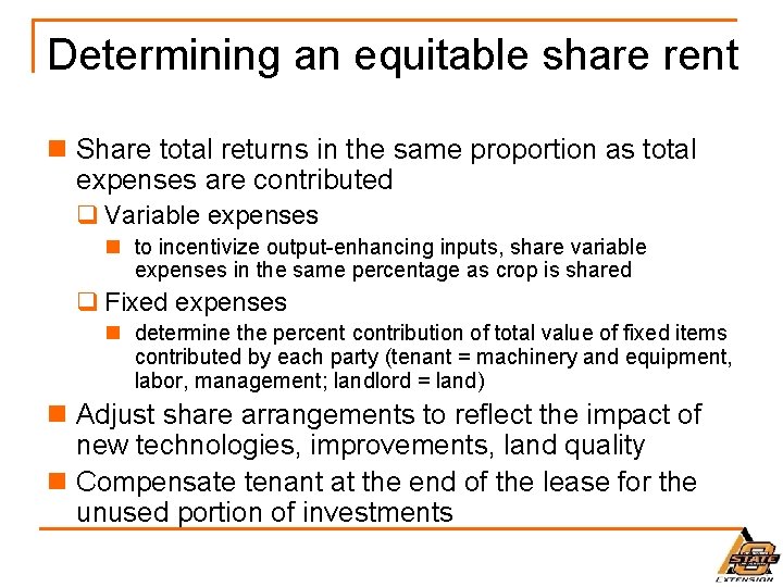 Determining an equitable share rent n Share total returns in the same proportion as