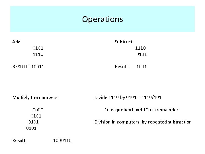 Operations Add Subtract 0101 1110 RESULT 10011 Result Multiply the numbers 0000 0101 Result