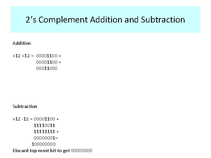 2’s Complement Addition and Subtraction Addition +12 = 00001100 + 00001100 = 00011000 Subtraction