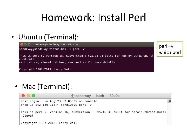 Homework: Install Perl • Ubuntu (Terminal): perl –v which perl • Mac (Terminal): 