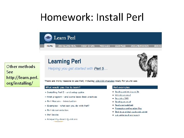 Homework: Install Perl Other methods See http: //learn. perl. org/installing/ 