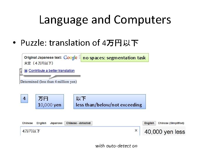 Language and Computers • Puzzle: translation of 4万円以下 no spaces: segmentation task 4 万円