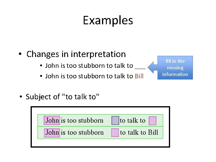 Examples • Changes in interpretation • John is too stubborn to talk to ___
