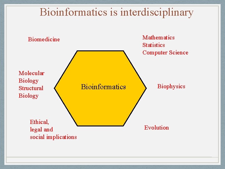 Bioinformatics is interdisciplinary Mathematics Statistics Computer Science Biomedicine Molecular Biology Structural Biology Ethical, legal