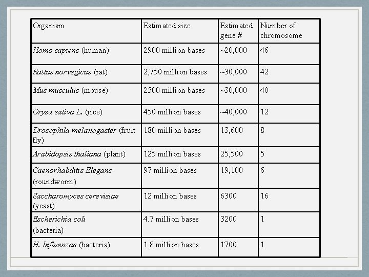 Organism Estimated size Estimated Number of gene # chromosome Homo sapiens (human) 2900 million