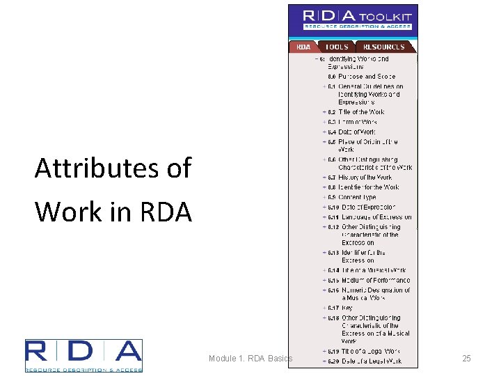 Attributes of Work in RDA Module 1. RDA Basics 25 