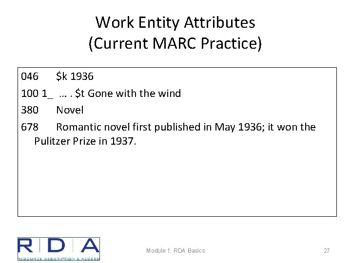 Work Entity Attributes (Current MARC Practice) 046 $k 1936 100 1_ …. $t Gone