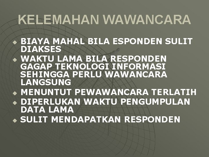 KELEMAHAN WAWANCARA u u u BIAYA MAHAL BILA ESPONDEN SULIT DIAKSES WAKTU LAMA BILA KELEMAHAN WAWANCARA u u u BIAYA MAHAL BILA ESPONDEN SULIT DIAKSES WAKTU LAMA BILA