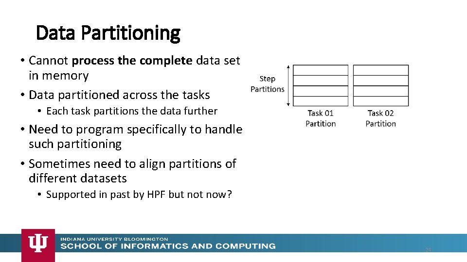 Data Partitioning • Cannot process the complete data set in memory • Data partitioned
