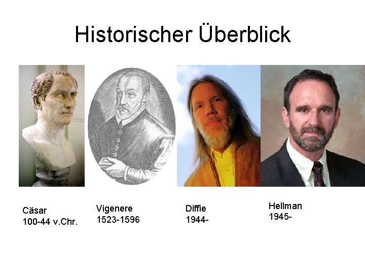 Historischer Überblick Cäsar 100 -44 v. Chr. Vigenere 1523 -1596 Diffie 1944 - Hellman