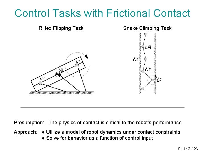 Control Tasks with Frictional Contact RHex Flipping Task Snake Climbing Task Presumption: The physics Control Tasks with Frictional Contact RHex Flipping Task Snake Climbing Task Presumption: The physics