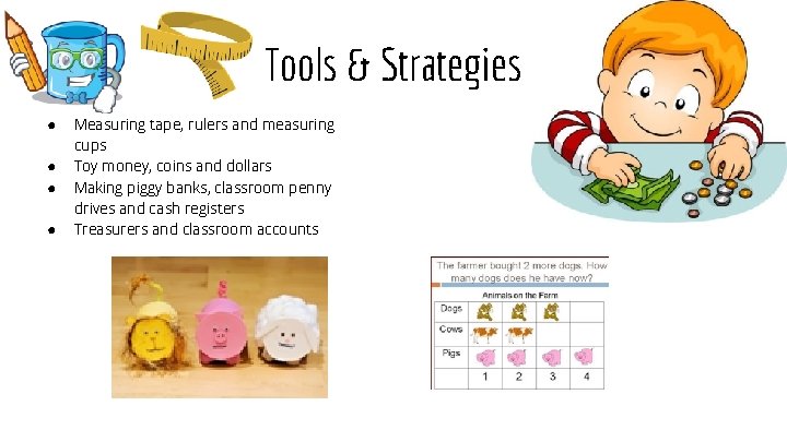 Tools & Strategies ● ● Measuring tape, rulers and measuring cups Toy money, coins