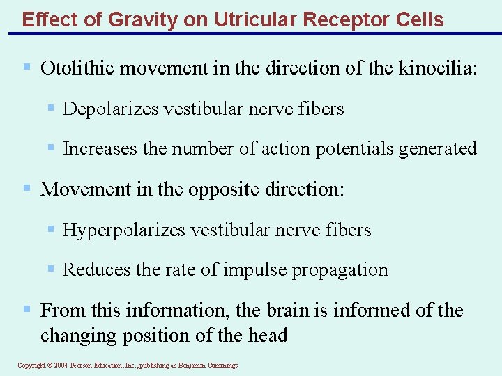 Effect of Gravity on Utricular Receptor Cells § Otolithic movement in the direction of