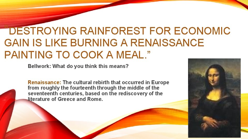 “DESTROYING RAINFOREST FOR ECONOMIC GAIN IS LIKE BURNING A RENAISSANCE PAINTING TO COOK A