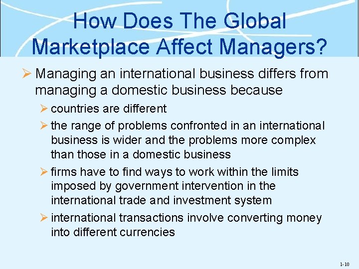 How Does The Global Marketplace Affect Managers? Ø Managing an international business differs from