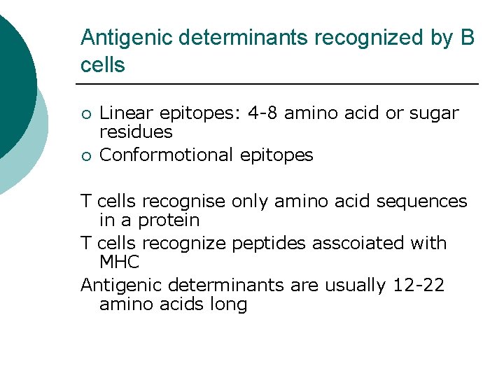 Antigenic determinants recognized by B cells ¡ ¡ Linear epitopes: 4 -8 amino acid