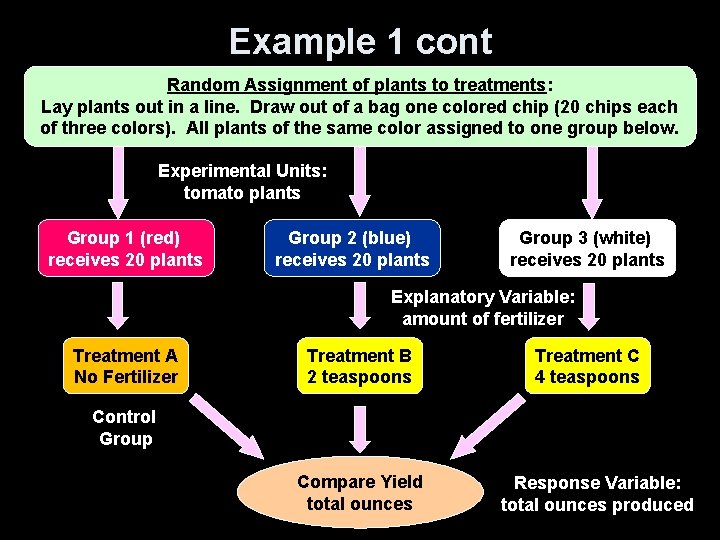 Example 1 cont Random Assignment of plants to treatments: Lay plants out in a