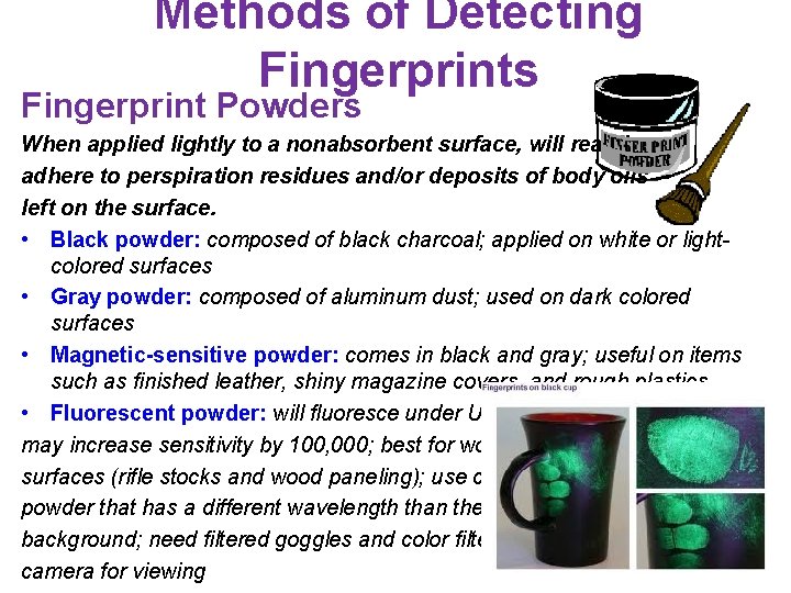 Methods of Detecting Fingerprints Fingerprint Powders When applied lightly to a nonabsorbent surface, will