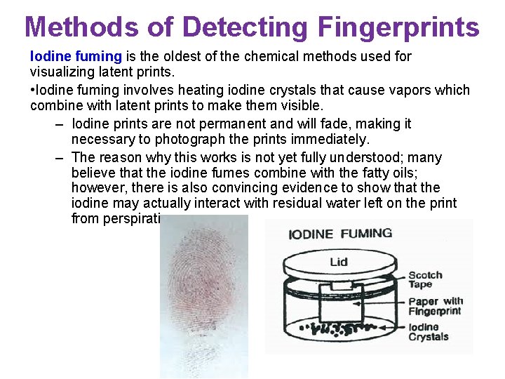 Methods of Detecting Fingerprints Iodine fuming is the oldest of the chemical methods used