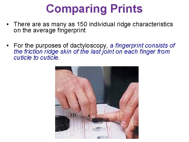 Comparing Prints • There as many as 150 individual ridge characteristics on the average