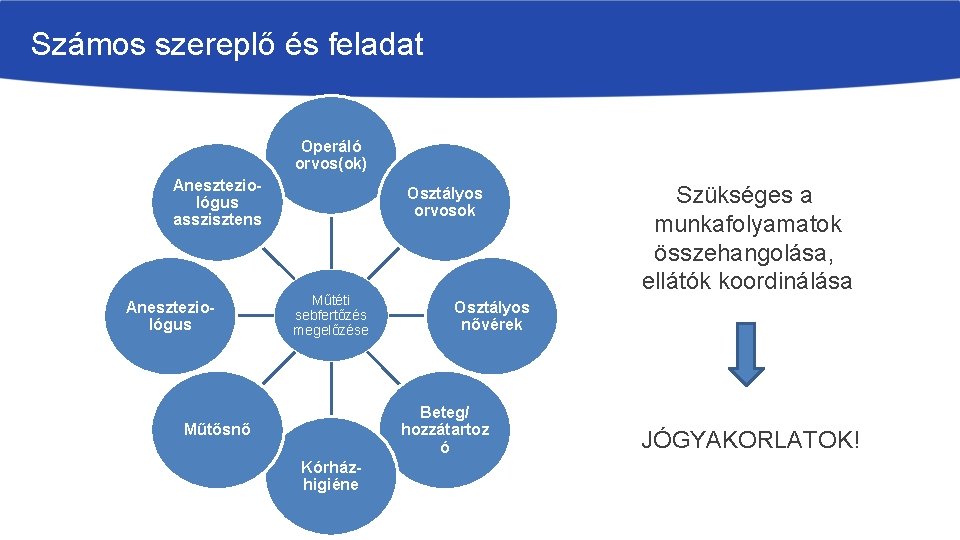 Számos szereplő és feladat Operáló orvos(ok) Aneszteziológus asszisztens Aneszteziológus Osztályos orvosok Műtéti sebfertőzés megelőzése
