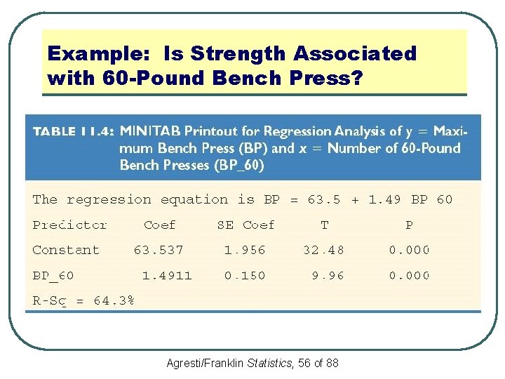 Example: Is Strength Associated with 60 -Pound Bench Press? Agresti/Franklin Statistics, 56 of 88
