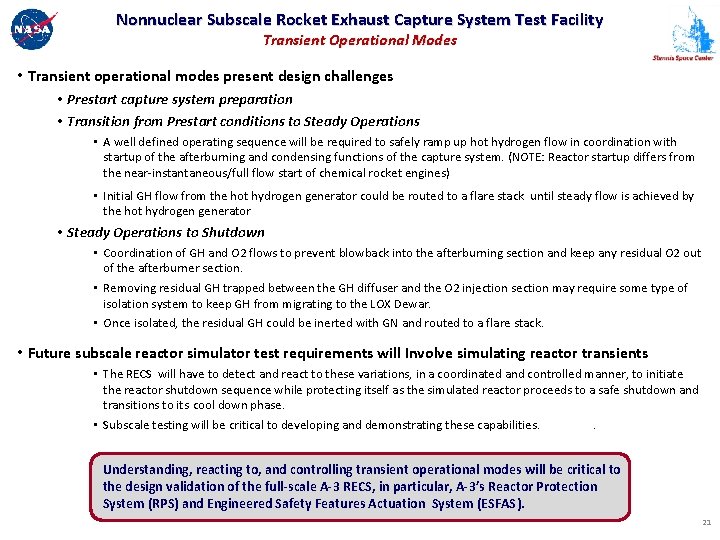 Nonnuclear Subscale Rocket Exhaust Capture System Test Facility Transient Operational Modes • Transient operational