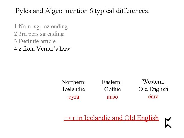 Pyles and Algeo mention 6 typical differences: 1 Nom. sg –az ending 2 3
