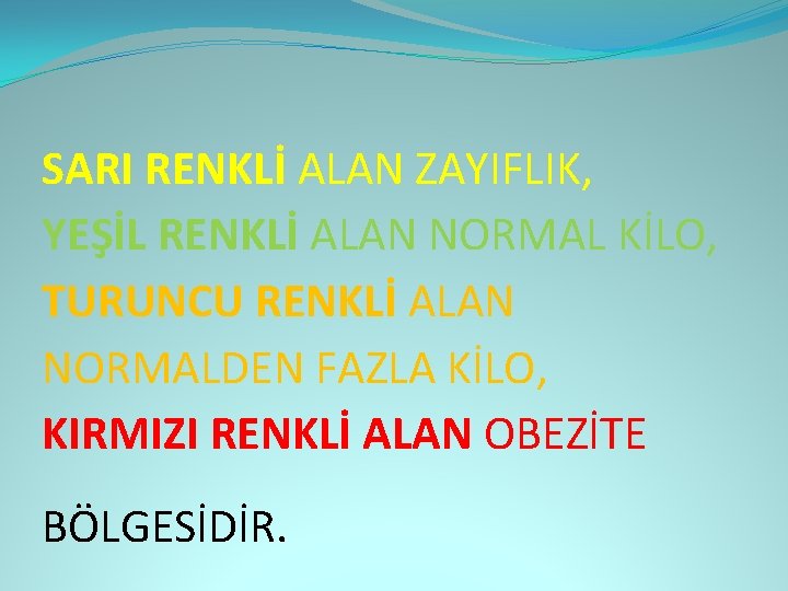 SARI RENKLİ ALAN ZAYIFLIK, YEŞİL RENKLİ ALAN NORMAL KİLO, TURUNCU RENKLİ ALAN NORMALDEN FAZLA