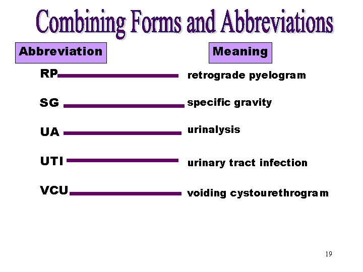 Combining Forms [RP] Meaning Abbreviation RP retrograde pyelogram SG specific gravity UA urinalysis UTI