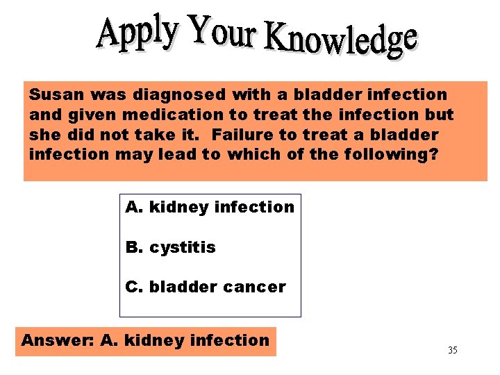 Apply Your Knowledge Part 3 Susan was diagnosed with a bladder infection and given Apply Your Knowledge Part 3 Susan was diagnosed with a bladder infection and given