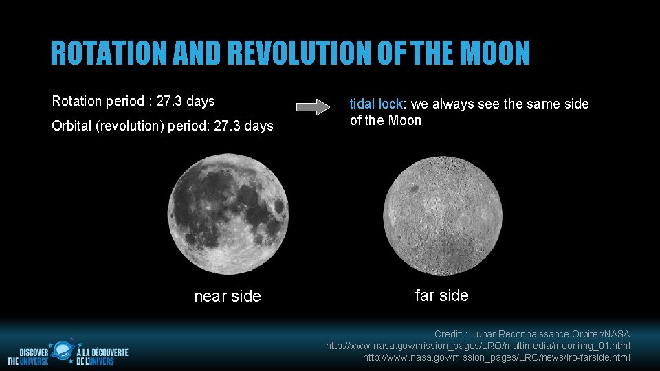 ROTATION AND REVOLUTION OF THE MOON Rotation period : 27. 3 days Orbital (revolution)