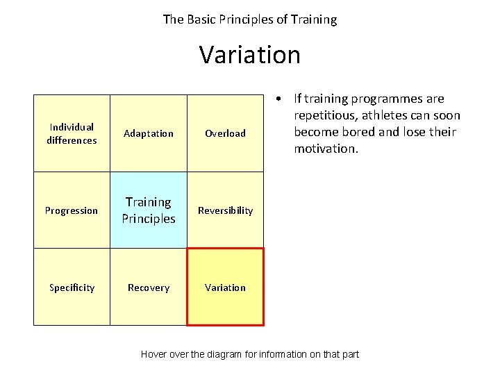 The Basic Principles of Training Variation Individual differences Adaptation Overload Progression Training Principles Reversibility