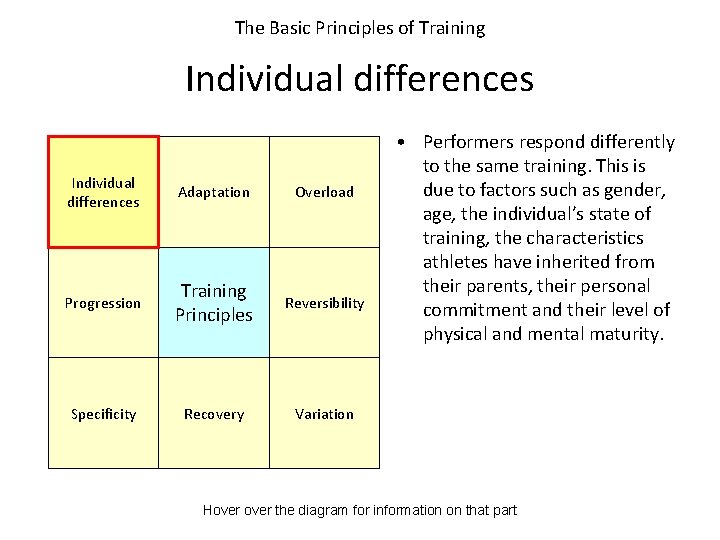 The Basic Principles of Training Individual differences Adaptation Overload Progression Training Principles Reversibility Specificity