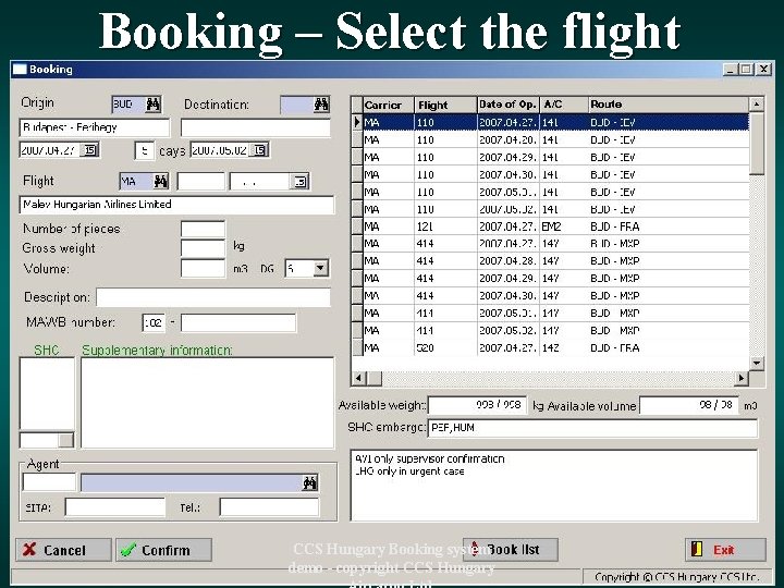 Booking – Select the flight CCS Hungary Booking system demo - copyright CCS Hungary