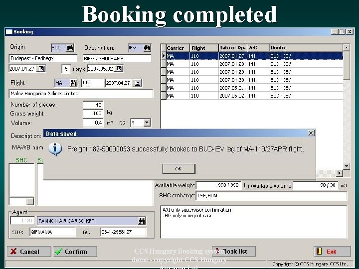 Booking completed CCS Hungary Booking system demo - copyright CCS Hungary 