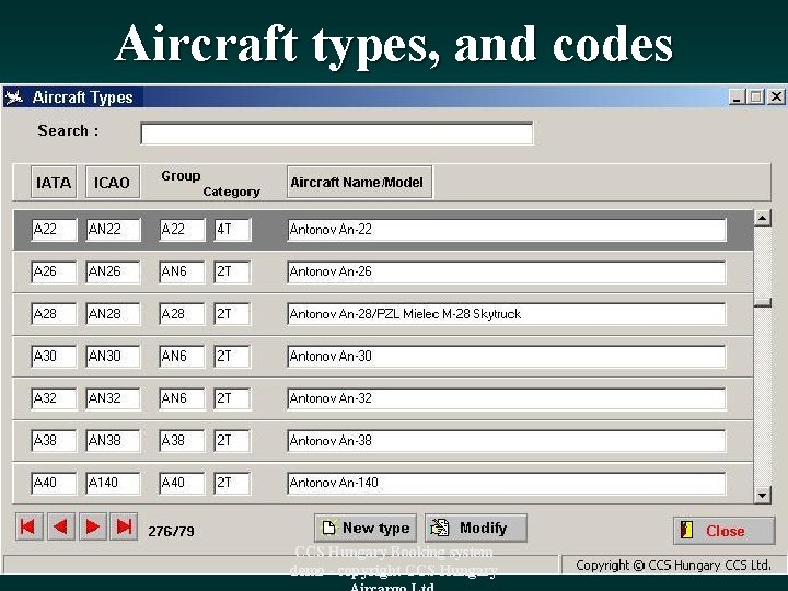 Aircraft types, and codes CCS Hungary Booking system demo - copyright CCS Hungary 