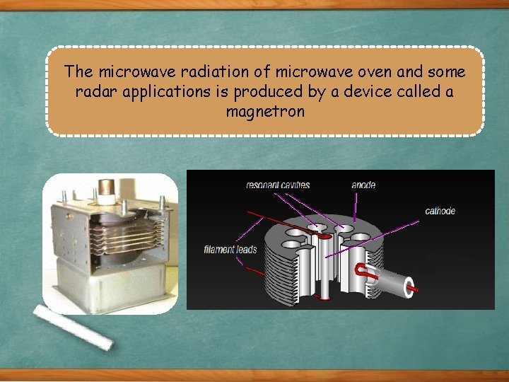 The microwave radiation of microwave oven and some radar applications is produced by a