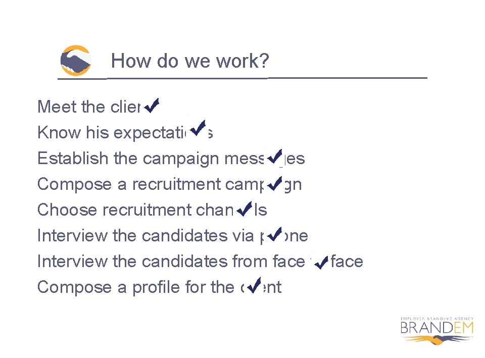 How do we work? Meet the client Know his expectations Establish the campaign messages