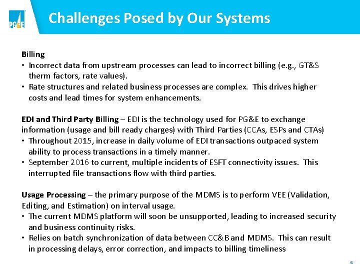 Challenges Posed by Our Systems Billing • Incorrect data from upstream processes can lead