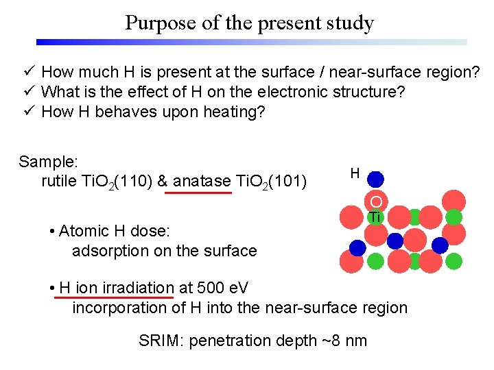 Purpose of the present study ü How much H is present at the surface