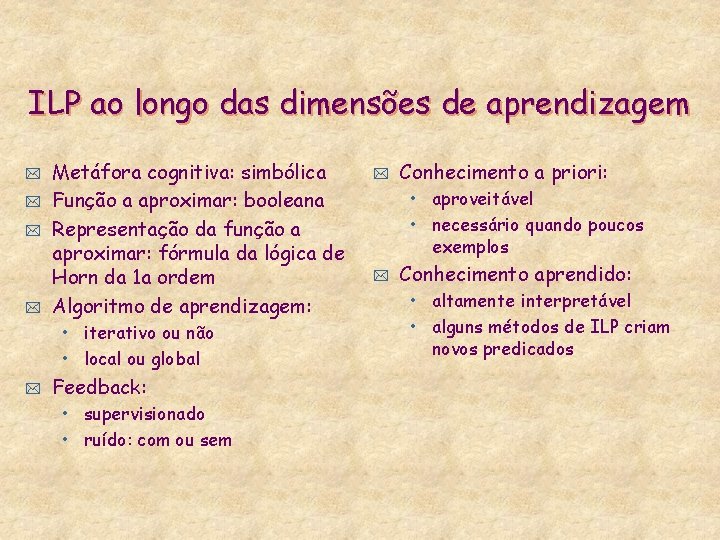 ILP ao longo das dimensões de aprendizagem * * Metáfora cognitiva: simbólica Função a