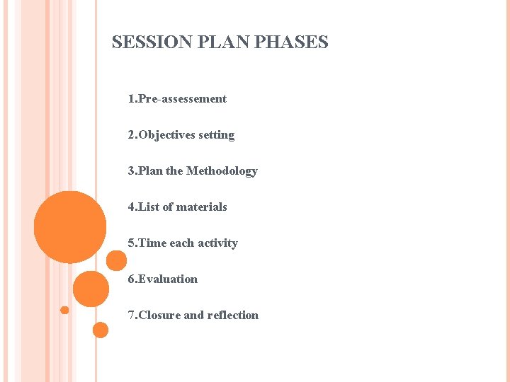 SESSION PLAN PHASES 1. Pre-assessement 2. Objectives setting 3. Plan the Methodology 4. List