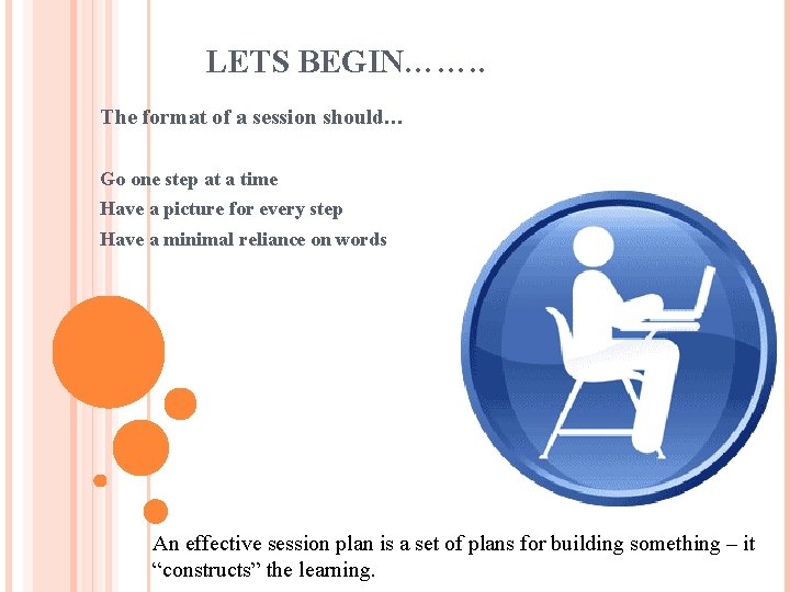 LETS BEGIN……. . The format of a session should… Go one step at a