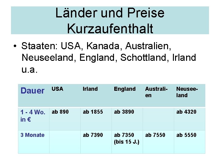 Länder und Preise Kurzaufenthalt • Staaten: USA, Kanada, Australien, Neuseeland, England, Schottland, Irland u.