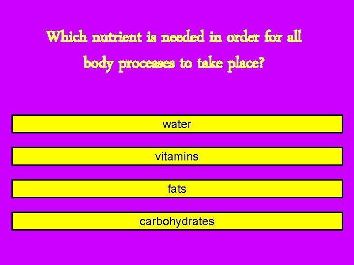 Which nutrient is needed in order for all body processes to take place? water