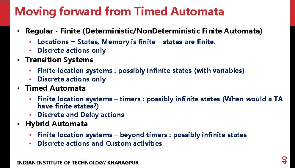 Moving forward from Timed Automata • Regular - Finite (Deterministic/Non. Deterministic Finite Automata) •