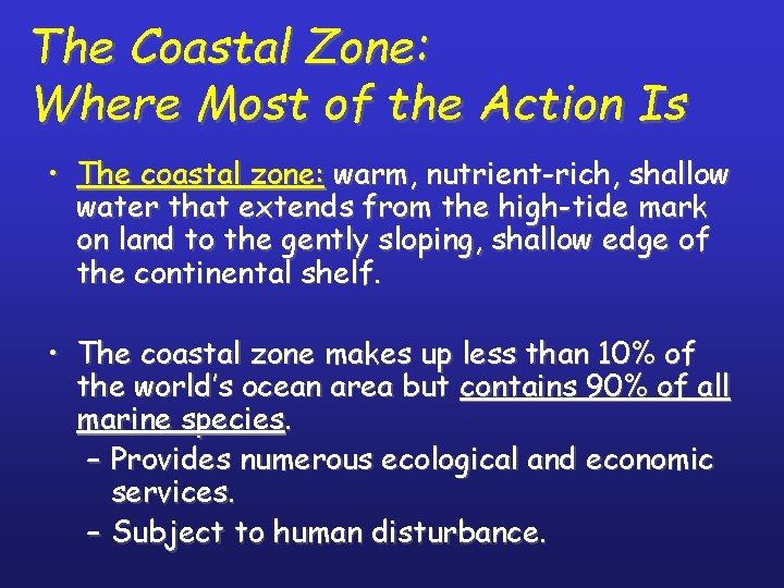 The Coastal Zone: Where Most of the Action Is • The coastal zone: warm,