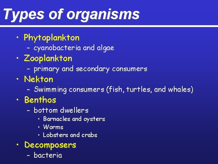 Types of organisms • Phytoplankton – cyanobacteria and algae • Zooplankton – primary and